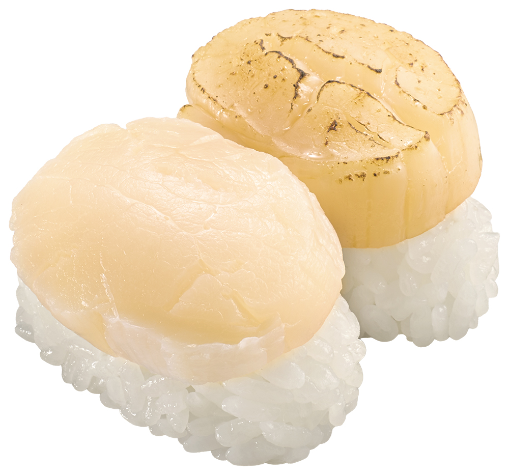 ほたてをのせた2貫のにぎり。奥のほたてには炙りの焼き目がある