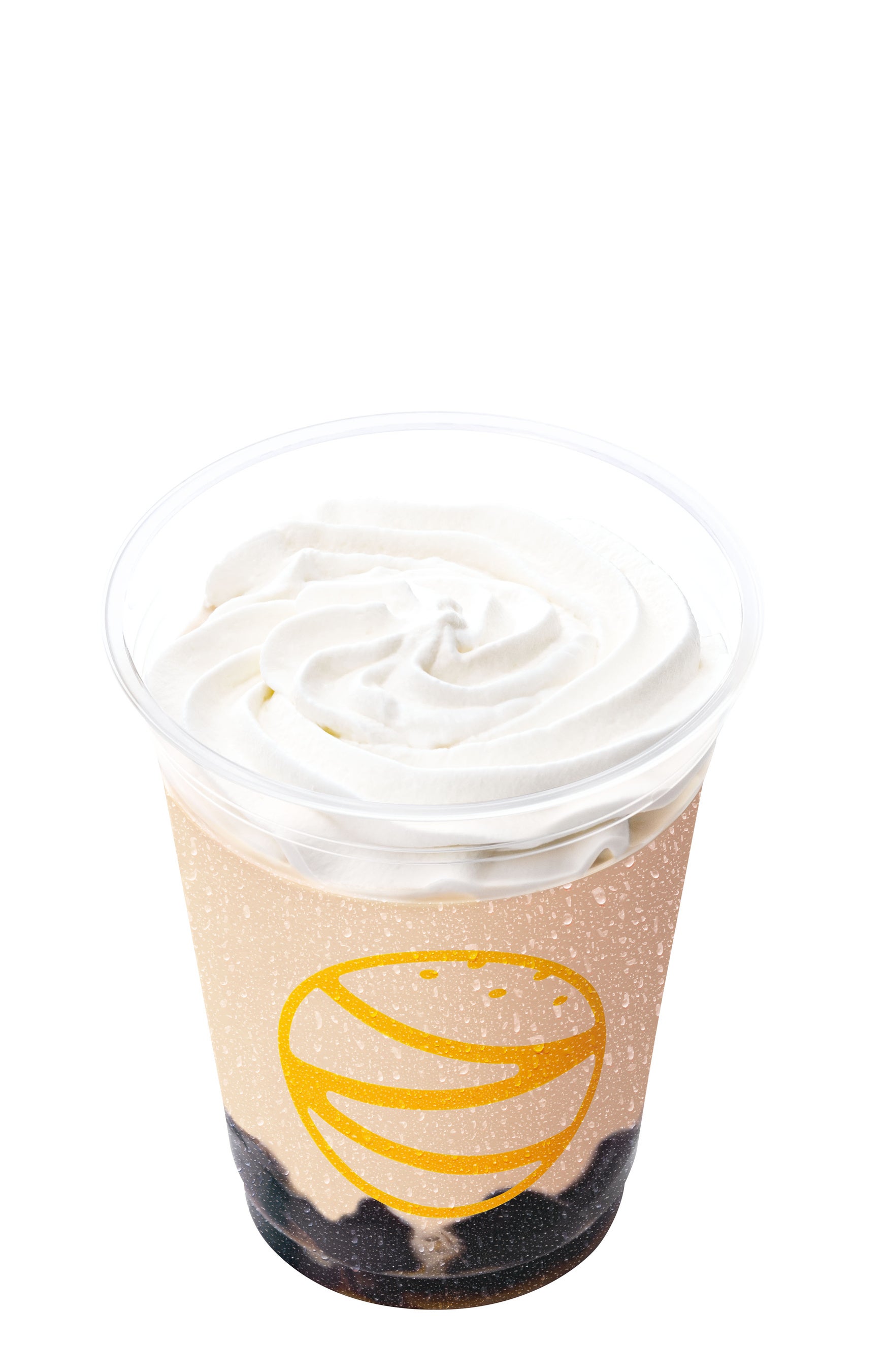 ホイップを盛ったゼッテリアの濃ほうじ茶パフェシェーキ。透明カップの底にほうじ茶ゼリーが見える